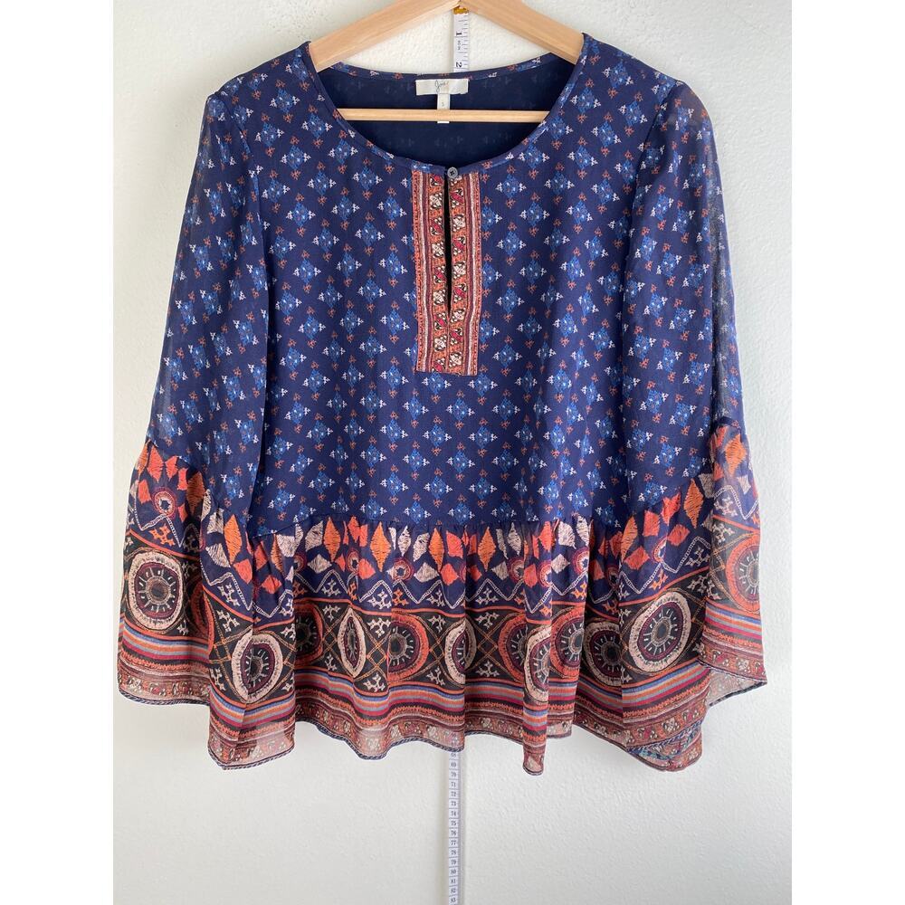 Joie Silk Blouse Navy Multi Print Sheer Sleeve Relaxed Top Small - Picture 5 of 12